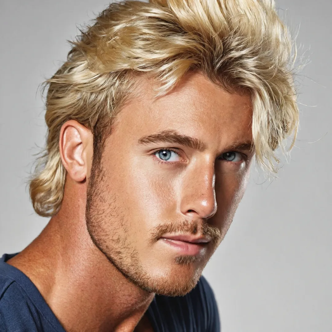 Man with blonde hair and blue eyes, close-up.